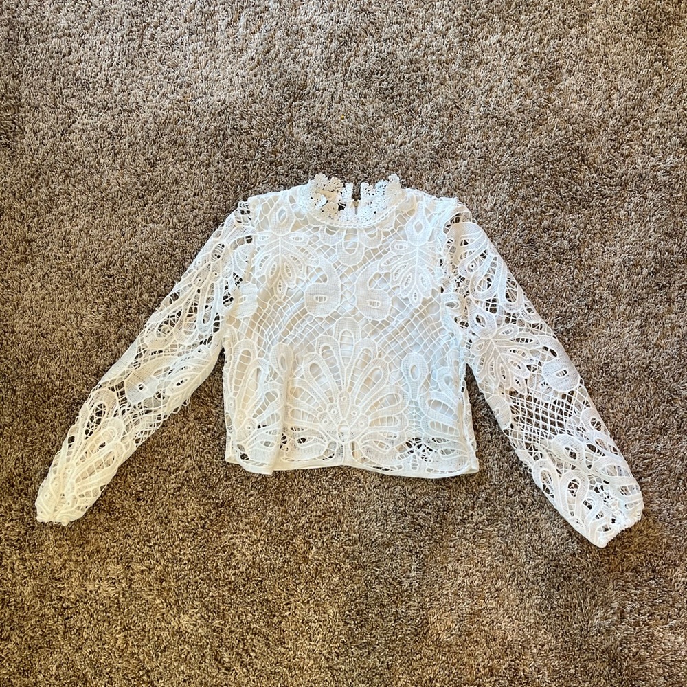Cropped Lace Top with Crew Neck & Open Back